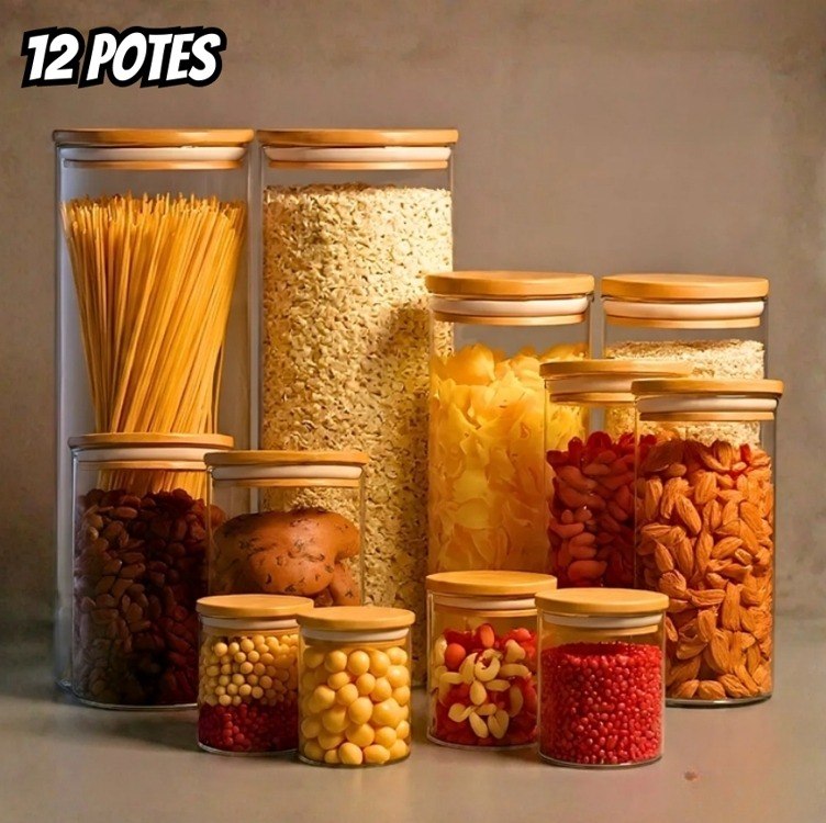 Kit 12 Potes Herméticos de Vidro com Tampa de Bambu