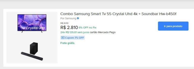 Combo Samsung Smart TV 55 Crystal UHD 4K + Soundbar HW-B450F