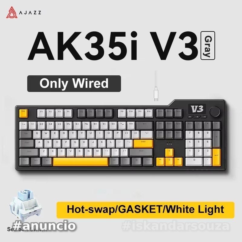 Teclado Gamer Mecânico Ajazz AK35I V3 com Fio e Bluetooth, Gasket, Hot Swap, 104 Teclas Personalizáveis, Knob de volume