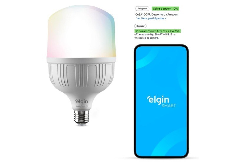 3X Lâmpada Inteligente Alta Potência 20W Elgin Color RGB Wifi Compatível com Alexa e Google Home