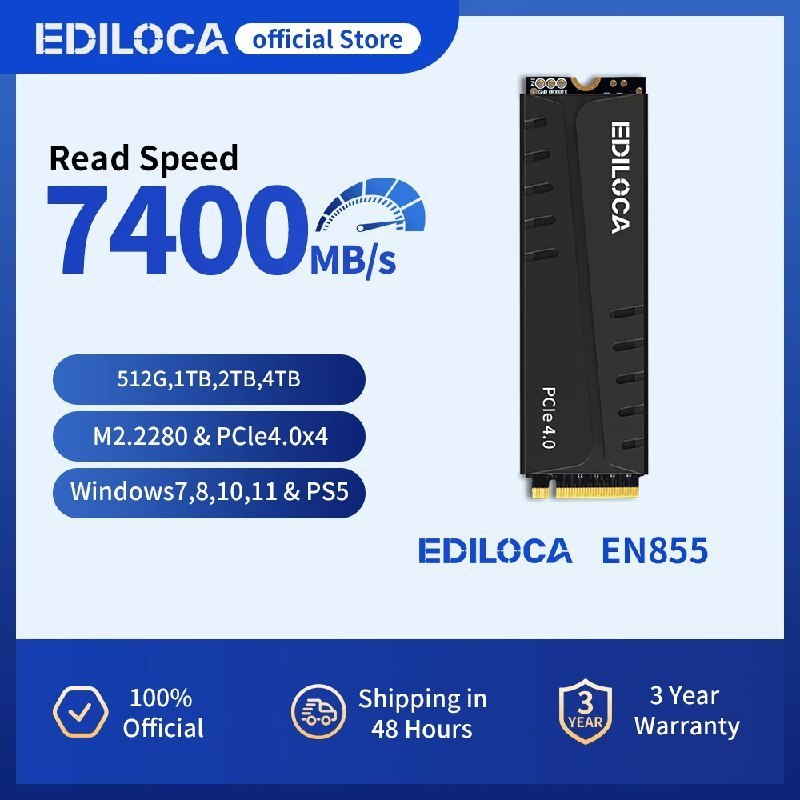 SSD Nvme Ediloca EN855 500GB SLC SSD Gen4 7400mb/s + Dram Cache