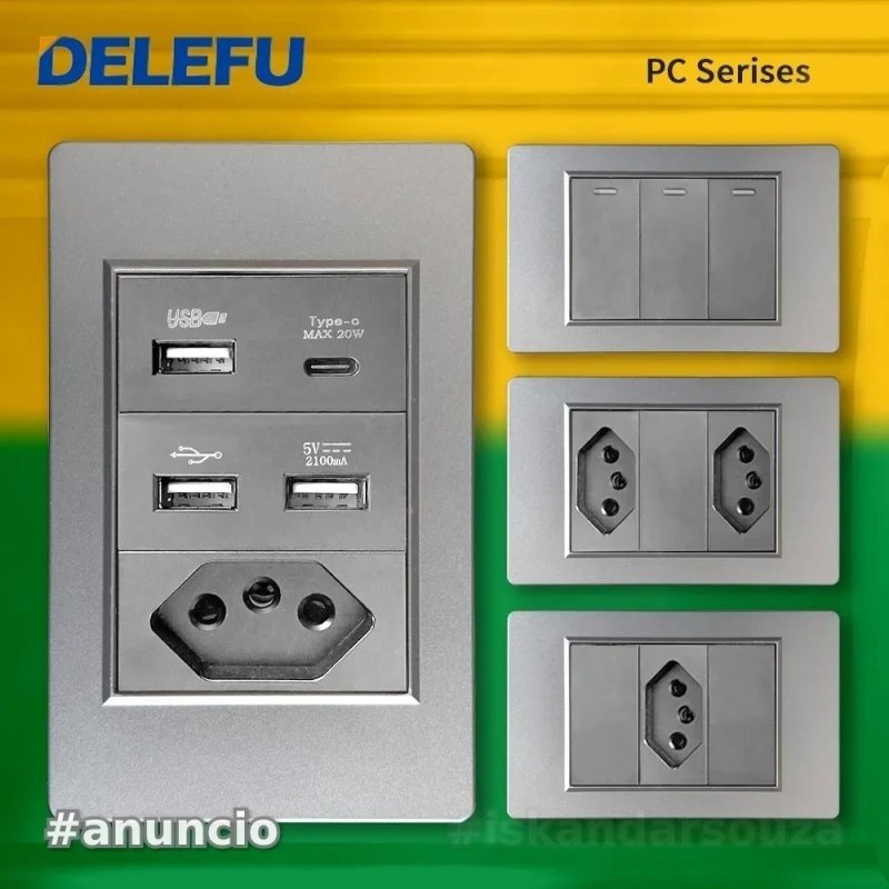 Tomada DELEFU Cinza Painel PC Brasil Standard Outlet Duplo USB Tipo C