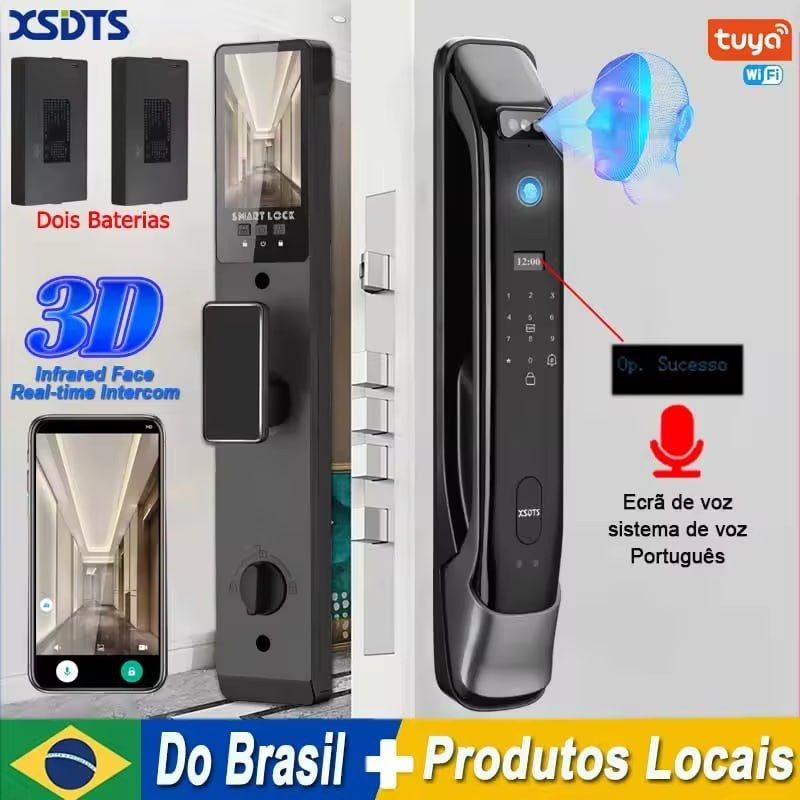 Fechadura Digital Inteligente 3D com Reconhecimento Facial, Câmera, Interfone em Tempo Real, Biometria e Senha – Acesso Sem Chave