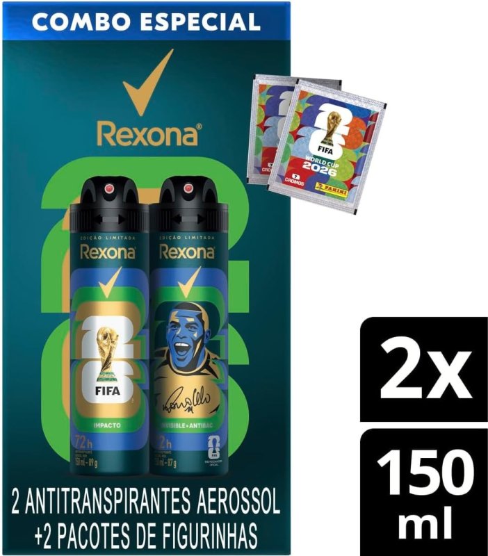 Kit Rexona Men Antitranspirante Aerossol Impacto + Invisible Antibac 150ml + 2 Pacotes de Figurinhas - Edição Limitada Copa do Mundo da FIFA 26