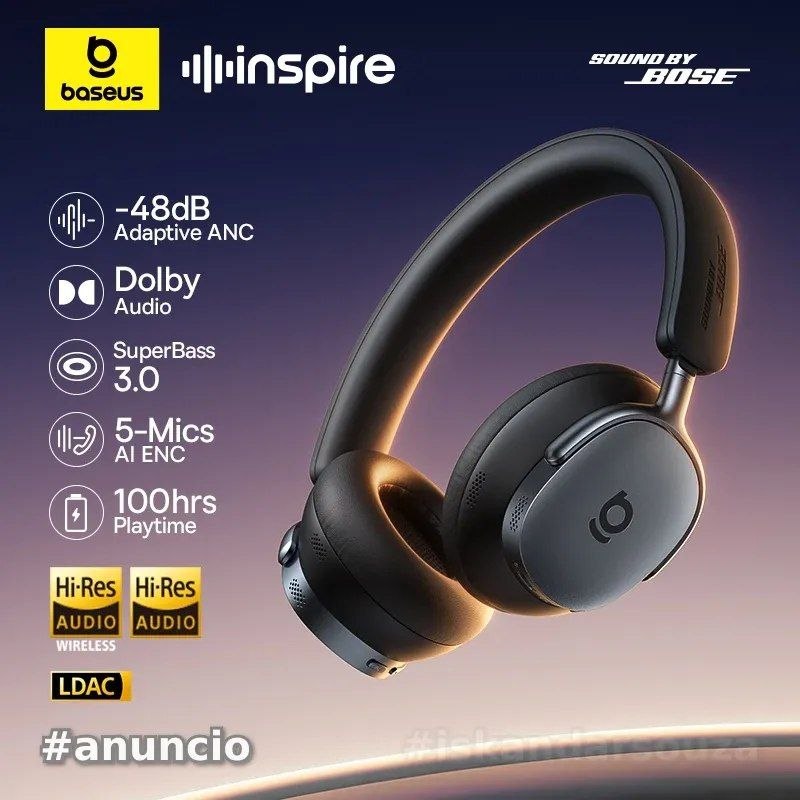 Baseus Inspire XH1 Sound by Bose ANC Fone de ouvido sem fio Bluetooth 6.1 48dB com cancelamento de ruído adaptável