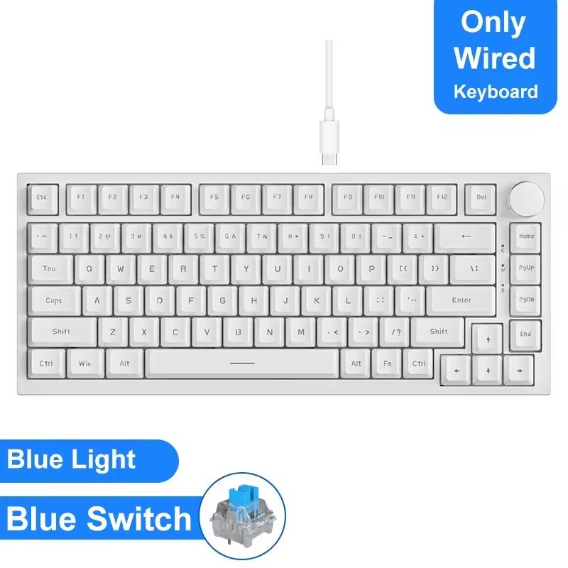 Ajazz AK820 Led White Teclado Mecânico com Switch Red e Blue, Hot Swappable e Knob de Volume