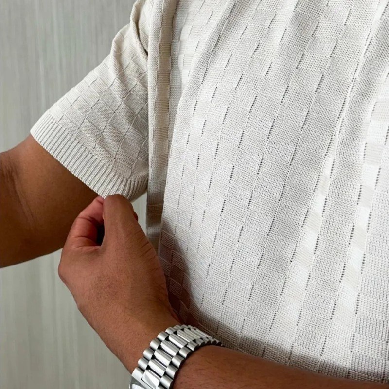 Camiseta Masculina Manga Curta Xadrez Tricô Leve Elegante