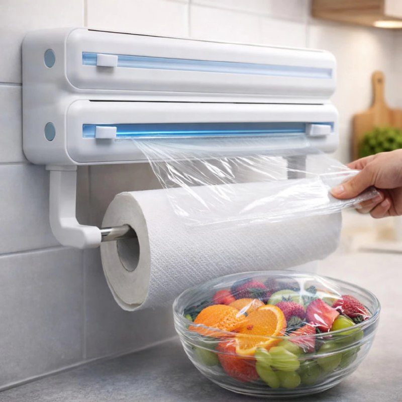 Suporte De Papel Toalha Alumínio Filme Para Cozinha 3 Em 1