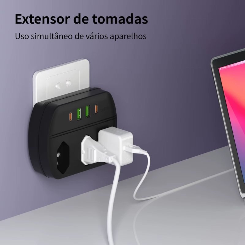 Extensão Elétrica 2 Tomadas + 2 USB + 2 USB-C 2500W