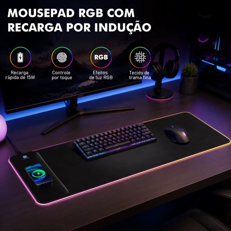 Mouse Pad Gamer RGB 80x30cm com Carregador Sem Fio 15W