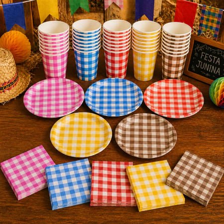Kit Prato Copo Guardanapo Estampa Xadrez P/ Festa Junina 30 Pçs
