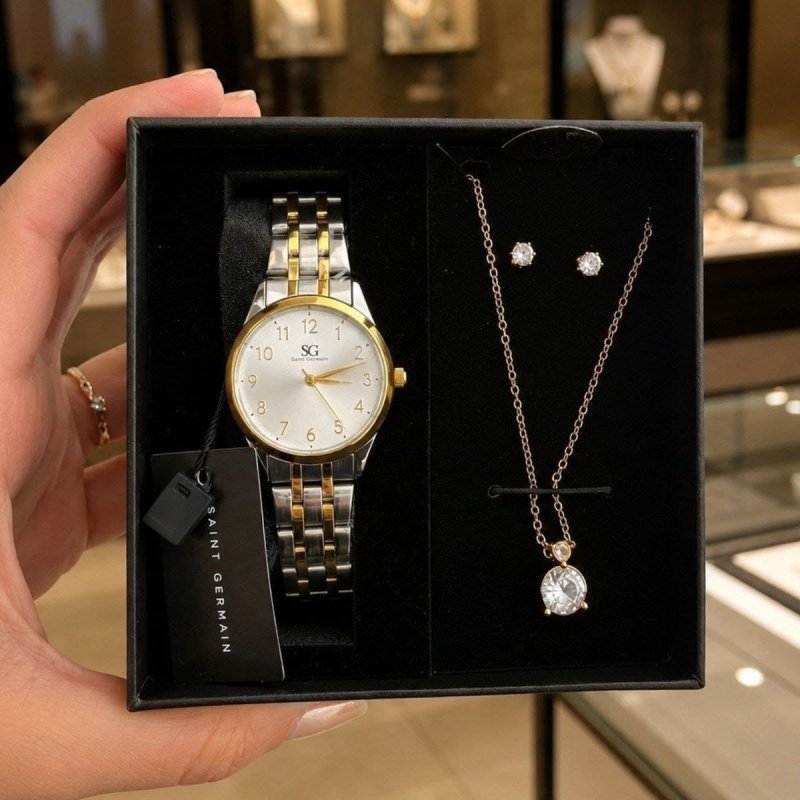 Kit Relógio Colar E Brincos Ponto De Luz Dourado Feminino Luxo Golden Saint Germain 28mm