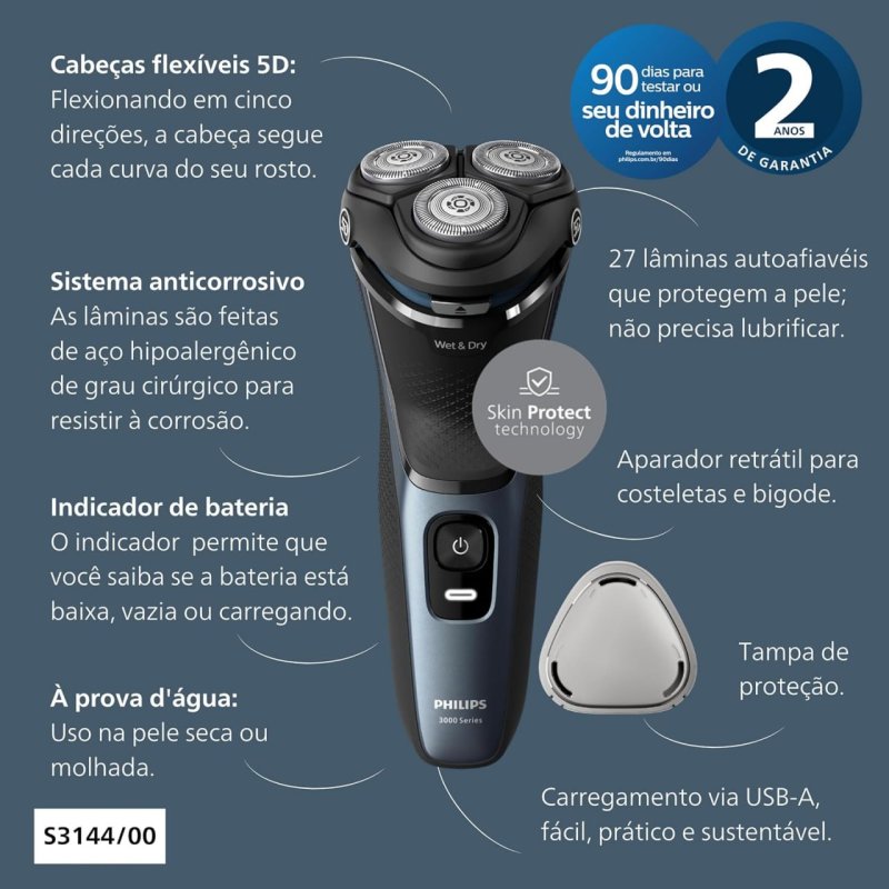 Philips Barbeador Elétrico S3144/00 - Seco e Molhado - Cabeças 5D Flexíveis