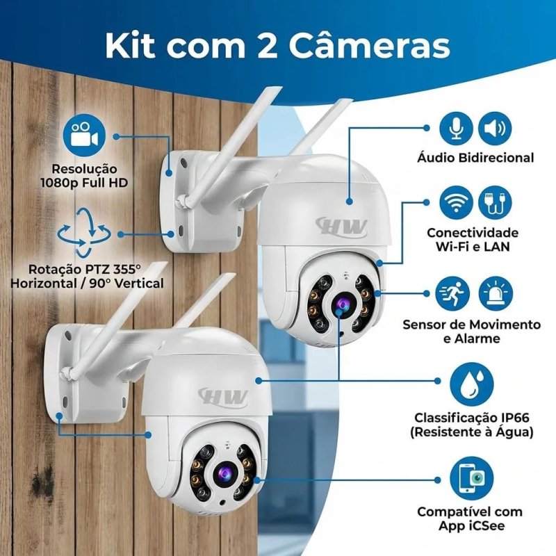 Kit 2 Câmeras Segurança IP Interna Externa WiFi iCSee Infravermelho Prova d'Água - HW