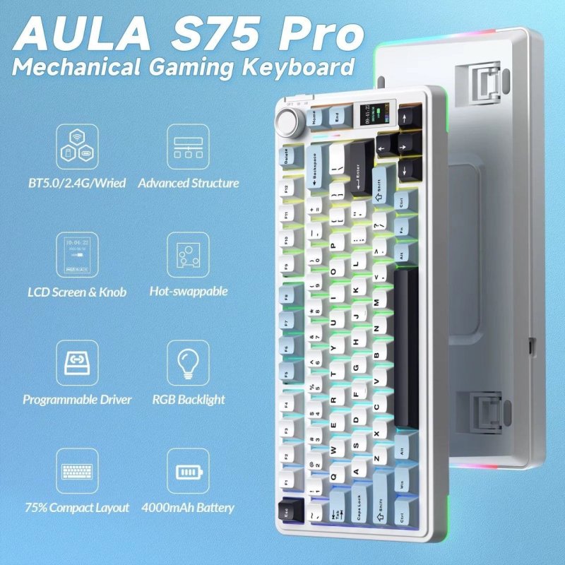 Teclado Mecanico Sem Fio AULA S75Pro 75% com iluminação RGB, tela TFT