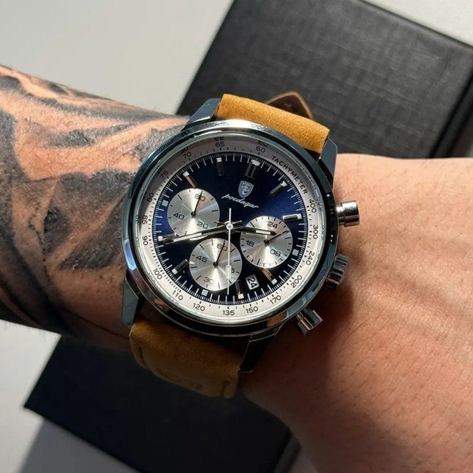 Relógio Luxo Poedagar Masculino Pulseira Em Couro Funcional