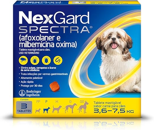 NexGard SPECTRA Antipulgas e Vermífugos para Cães de 3,6 a 7,5kg - 3 tabletes