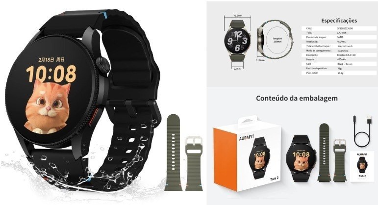 Smartwatch AuraFit Trek2 com GPS e Tela AMOLED