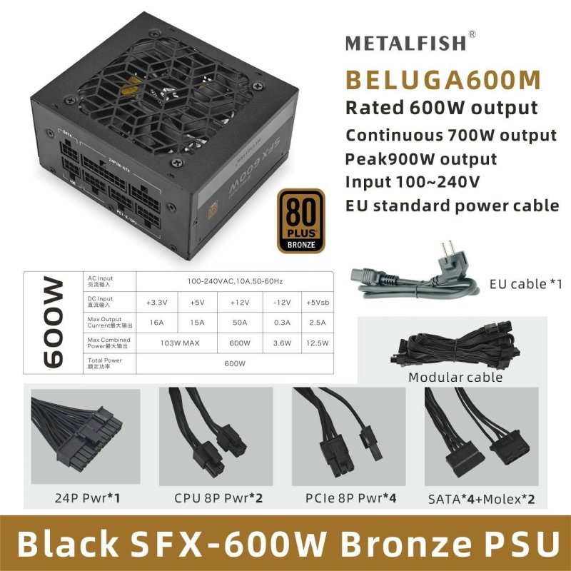 Fonte METALFISH SFX 600w 80Plus Bronze Modular (Fonte pra montar Mini Pc)