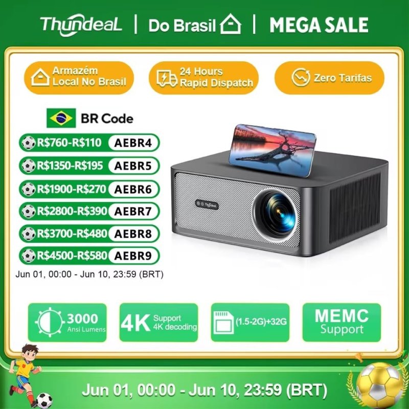 Projetor ThundeaL TD98 Pro 1080p, 3.000 Ansi Lumens, Suporte 4K, Wifi 6, Android 11