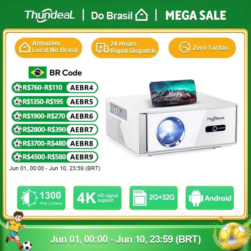 Projetor ThundeaL TD95W 1080p Nativo, Suporte 4K, Android, 1300 ANSI Lumens