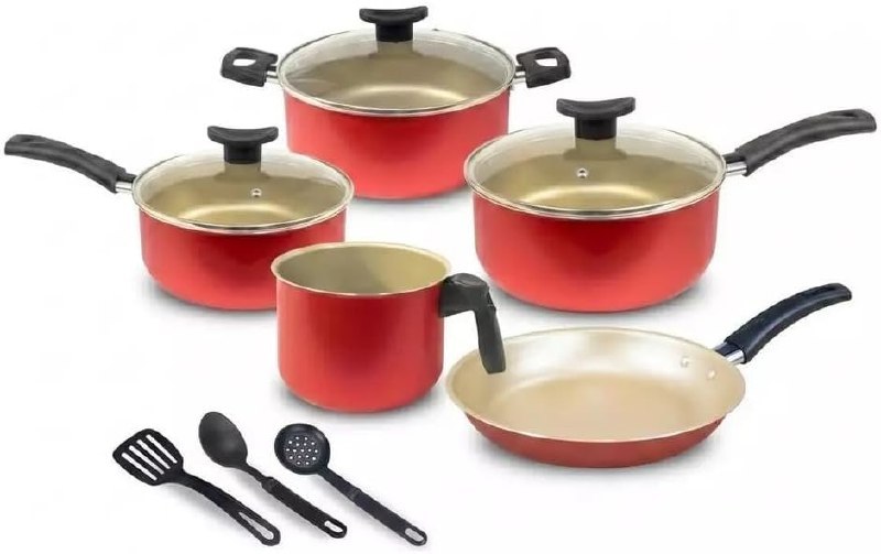 Kit Jogo de Panelas Brasília 8 Peças, Alumínio Antiaderente, com Frigideira, Caçarola e Talheres (Cereja com Creme)