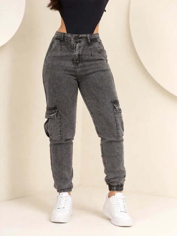 Calça Jeans Cargo Jogger Feminina Cintura Alta com Lycra