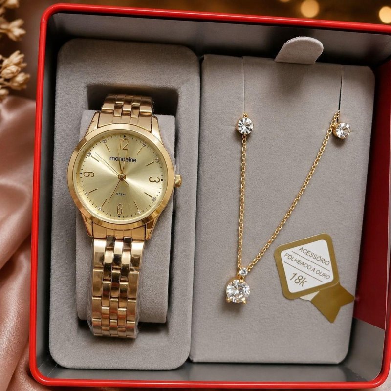 Kit Relógio Mondaine Dourado E Colar De Cristal