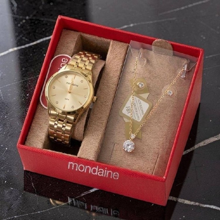 Kit Relógio Mondaine Pequeno Dourado E Colar De Cristal 32720lpmkde1k1