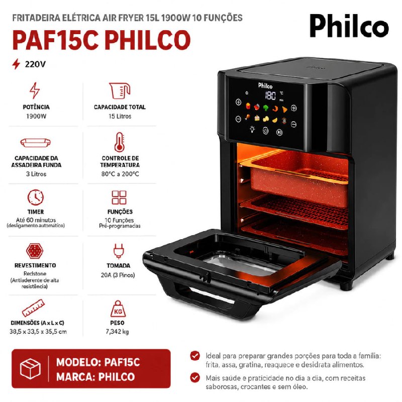 Air Fryer Fritadeira 15 Litros 10 Funções 1900w Paf15c 220v Philco