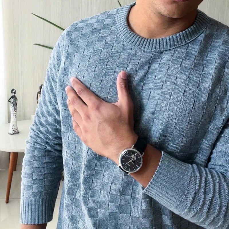 Blusa De Frio Masculina Trico Suéter Lã Gola Careca Xadrez