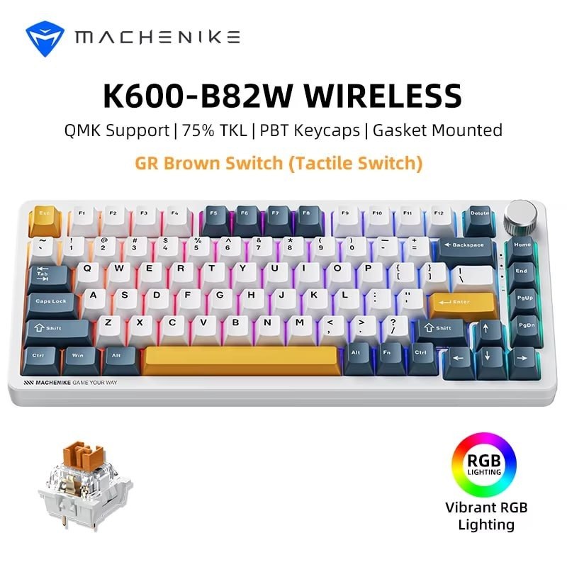 Teclado Mecânico Gamer Machenike K600-B82W Wireless RGB 75% Tri-Mode Hot Swap Gasket ANSI