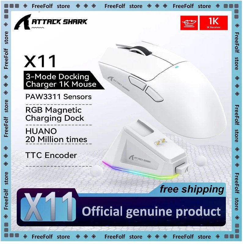 Mouse Attack Shark X11 com Dock Sem Fio 22000 DPI Bluetooth USB PAW3311