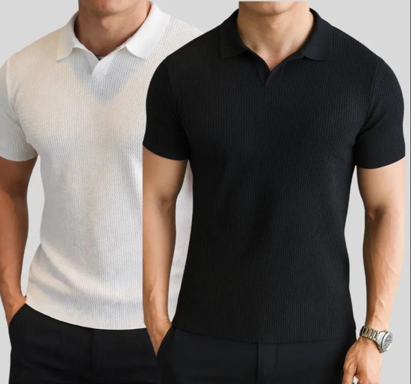 Kit 2 Polo Texturizada Tricot Masculina Elegante Old Money