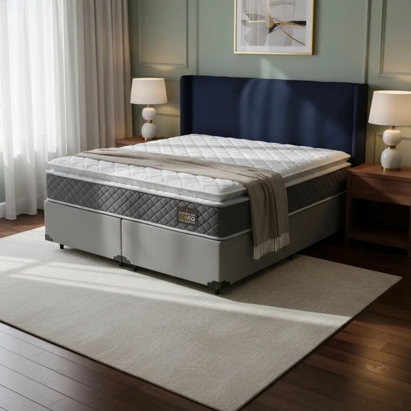 Cama Box Queen + Colchão Espuma D45 Pillow Top - Cinza