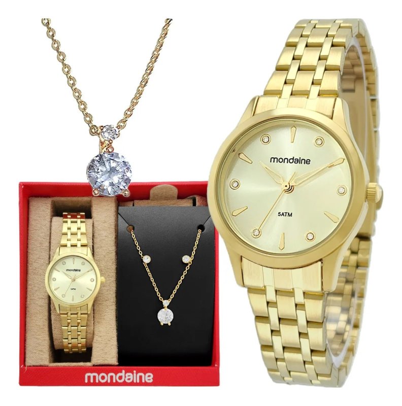 Mondaine Kit Relógio Feminino Dourado com Colar e Brincos