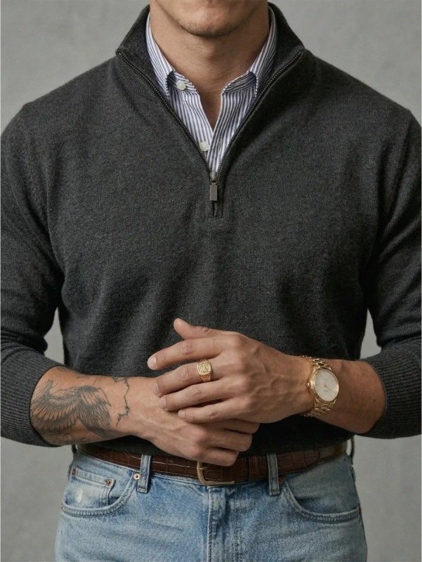 Suéter Masculino Zíper Elegante Gola Alta Inverno Old Money