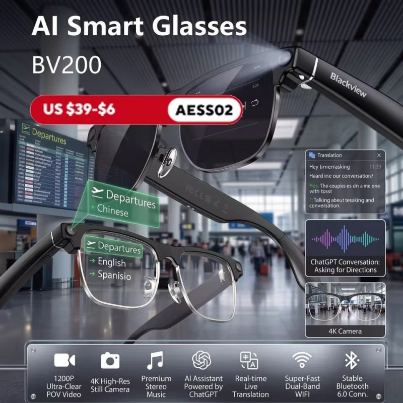 Blackview BV200 Óculos Inteligentes com Câmera 8MP 4K HD, Tradução por IA, Bluetooth para Chamadas, Assistente de Voz e Gravação de Vídeo