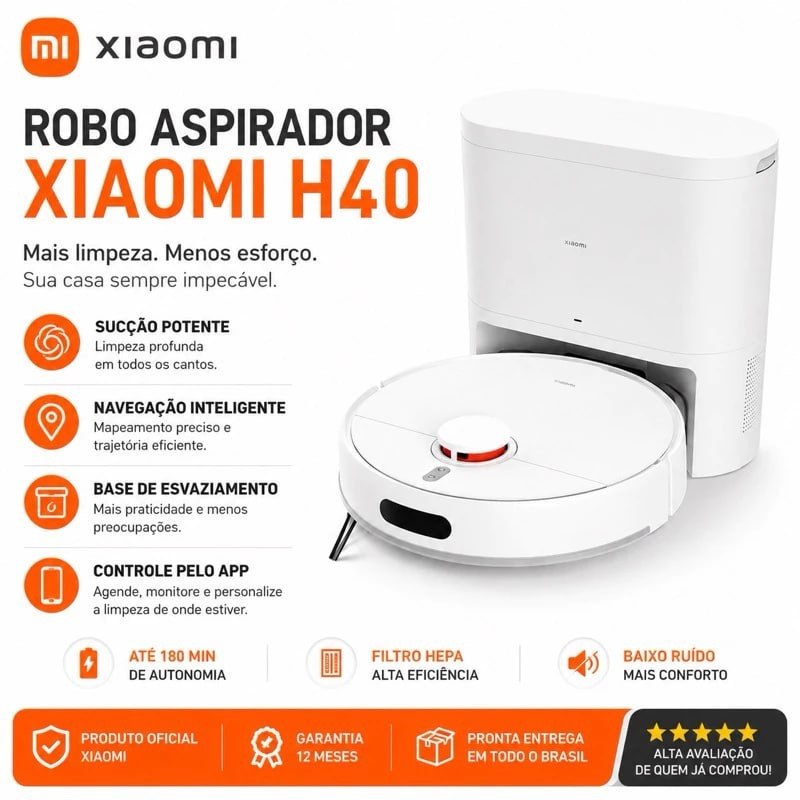 Robo Aspirador Xiaomi H40 10000pa Lançamento Branco - C/ Base de Autolimpeza 220v