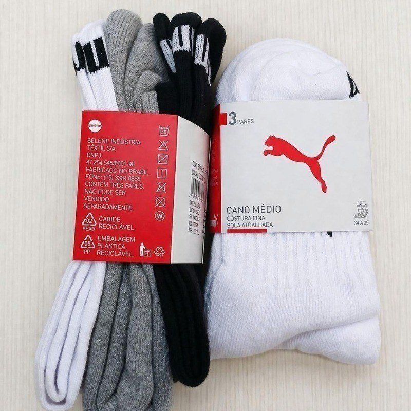 Kit 6 Pares Meias Puma Cano Médio Alto Atoalhada Original