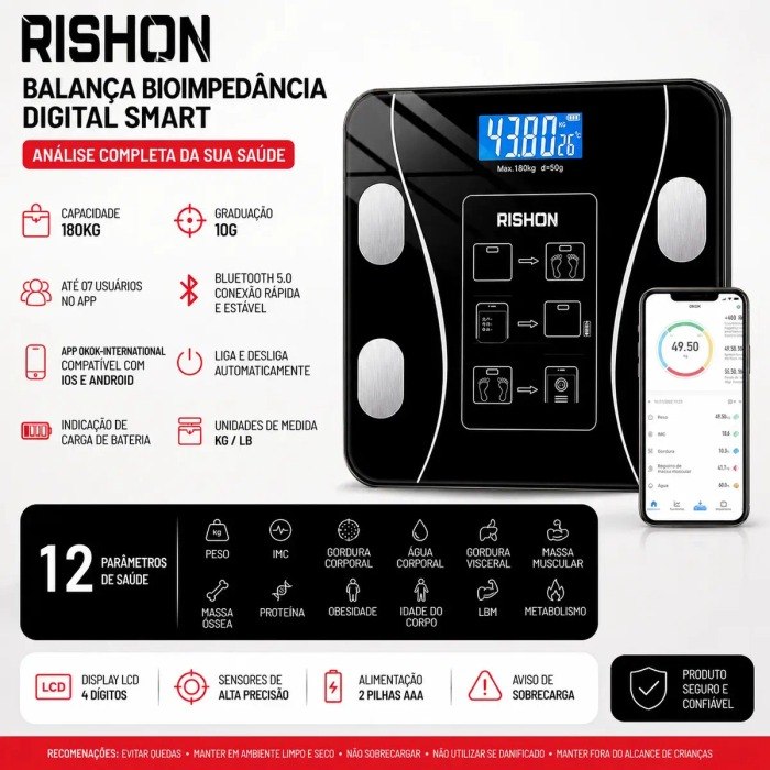 Balança Bioimpedância Rishon Smart IMC 180kg
