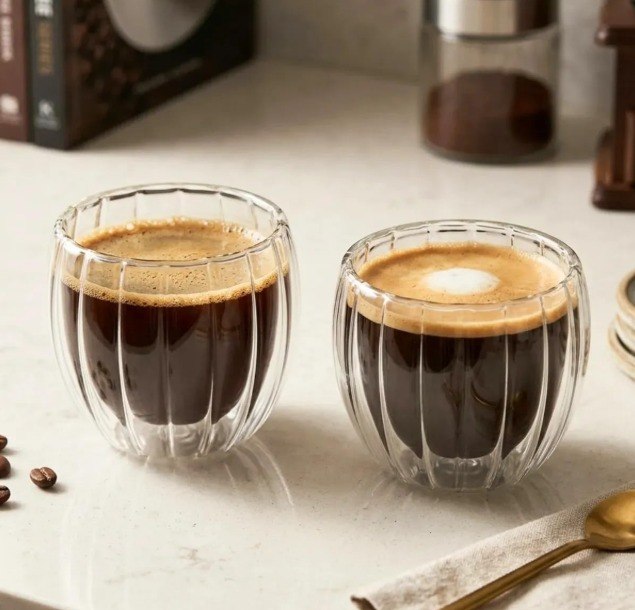 Conjunto 6 Xícaras de Vidro Borossilicato 90ml Parede Dupla, Térmicas para Café, Espresso, Cappuccino e Chá