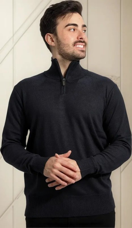 Suéter Masculino Anistia Malha Tricot Gola Alta Meio Zíper