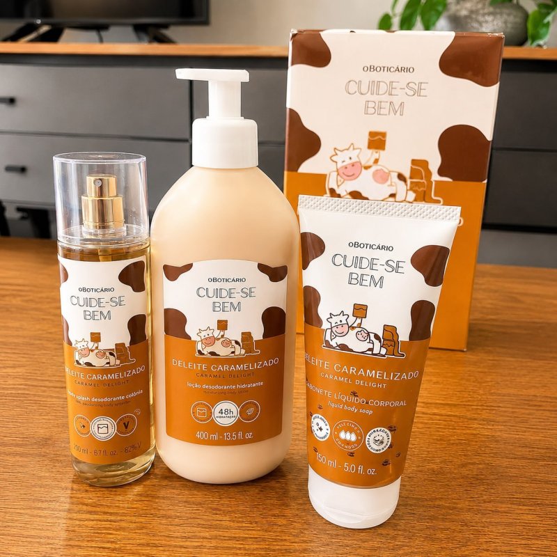 Combo Cuide-se Bem Deleite Caramelizado: Body Splash, Loção Corporal e Sabonete Líquido
