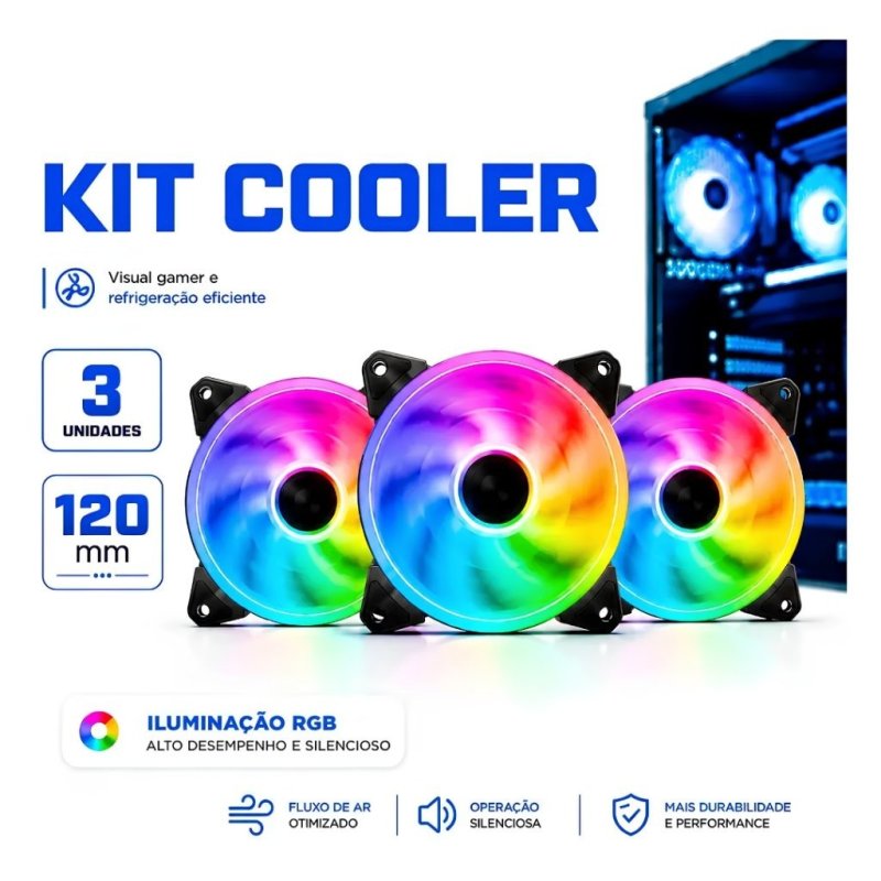 Kit 3 Ventoinha RGB para Gabinete PC Gamer 120mm Efeito Rainbow 50.000 Horas com Todas as Placas Mãe