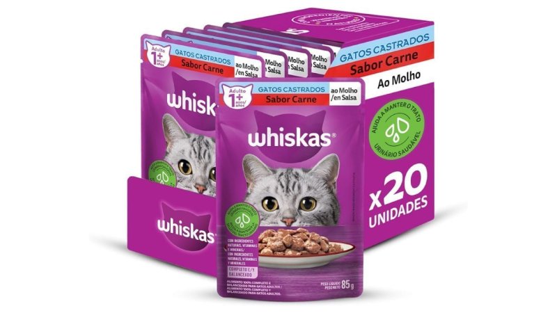 Pack 20 un. Ração Úmida Whiskas Sachê Carne ao Molho para Gatos Adultos Castrados 85g