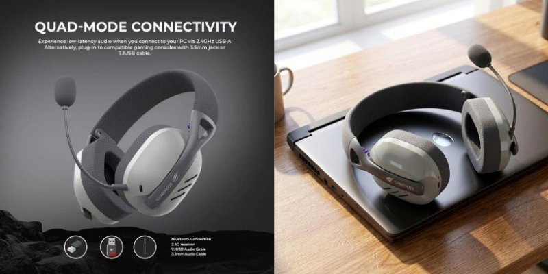 Havit Headset Gamer Fuxi-H3 Gray, Sem Fio, Wireless 2,4GHz, Bluetooth, Cabo USB-C, Cabo 3,5mm