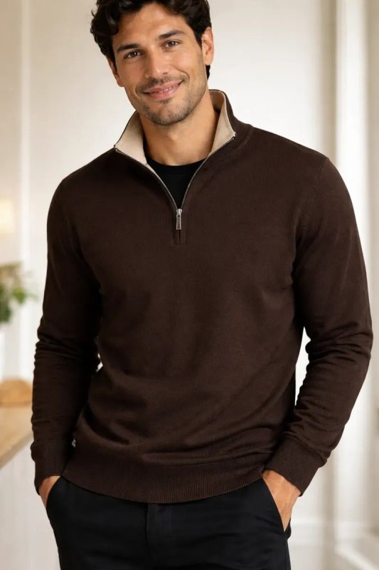 Suéter Masculino Anistia Malha Tricot Gola Alta Meio Zíper