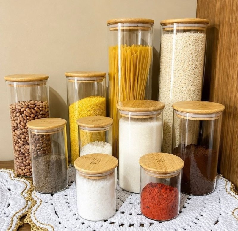 Kit com 10 Potes Herméticos de Vidro com Tampa de Bambu