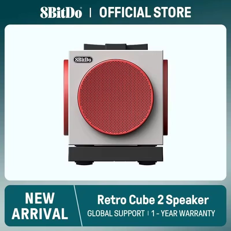 8BitDo Retro Cube 2 Speaker Bluetooth 5.3 Portátil com Som Estéreo, Base de Carregamento Sem Fio e Conexão 2.4G/USB